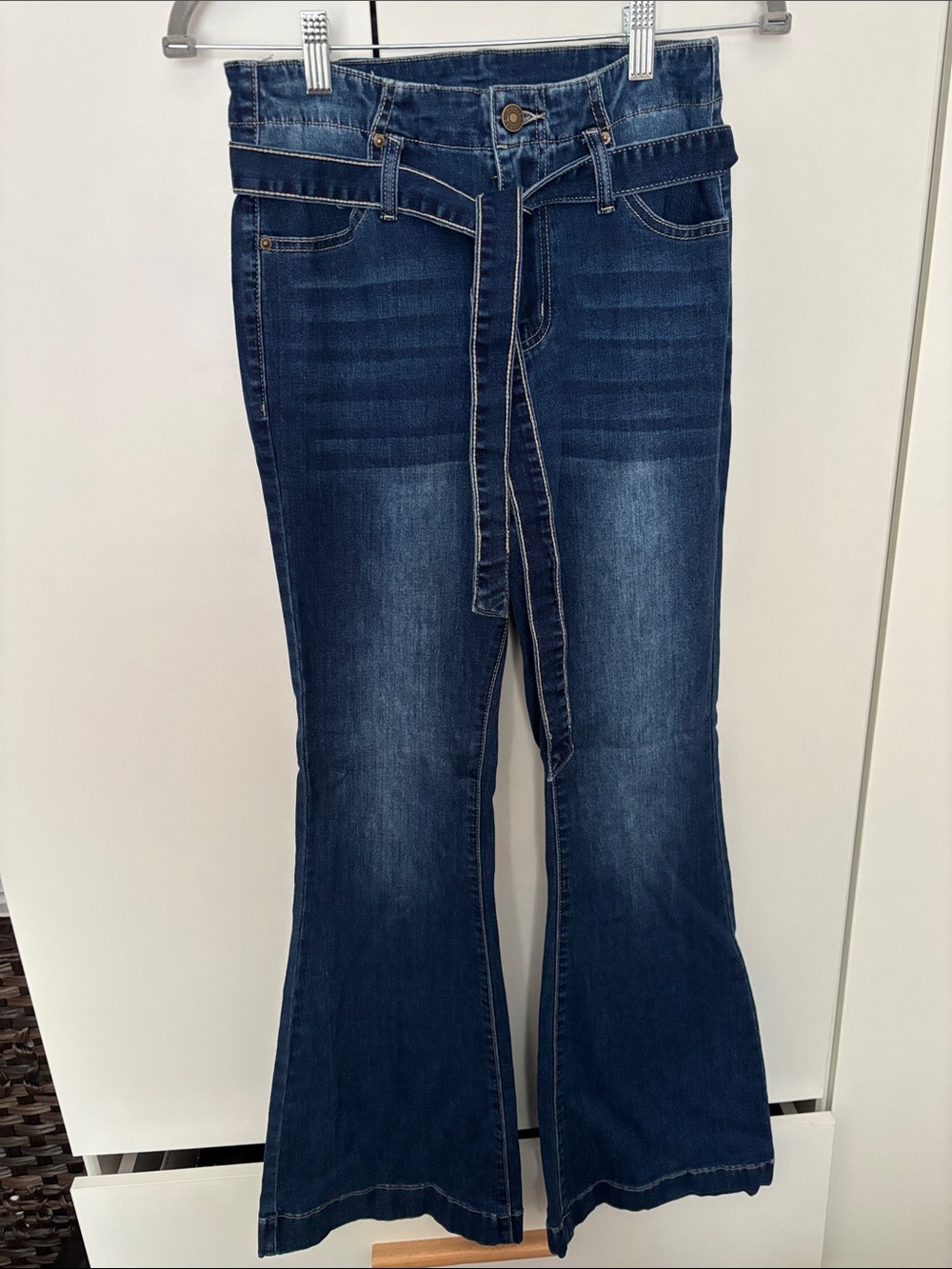 High-Rise Dark Blue Tie-Belt Flare Jeans